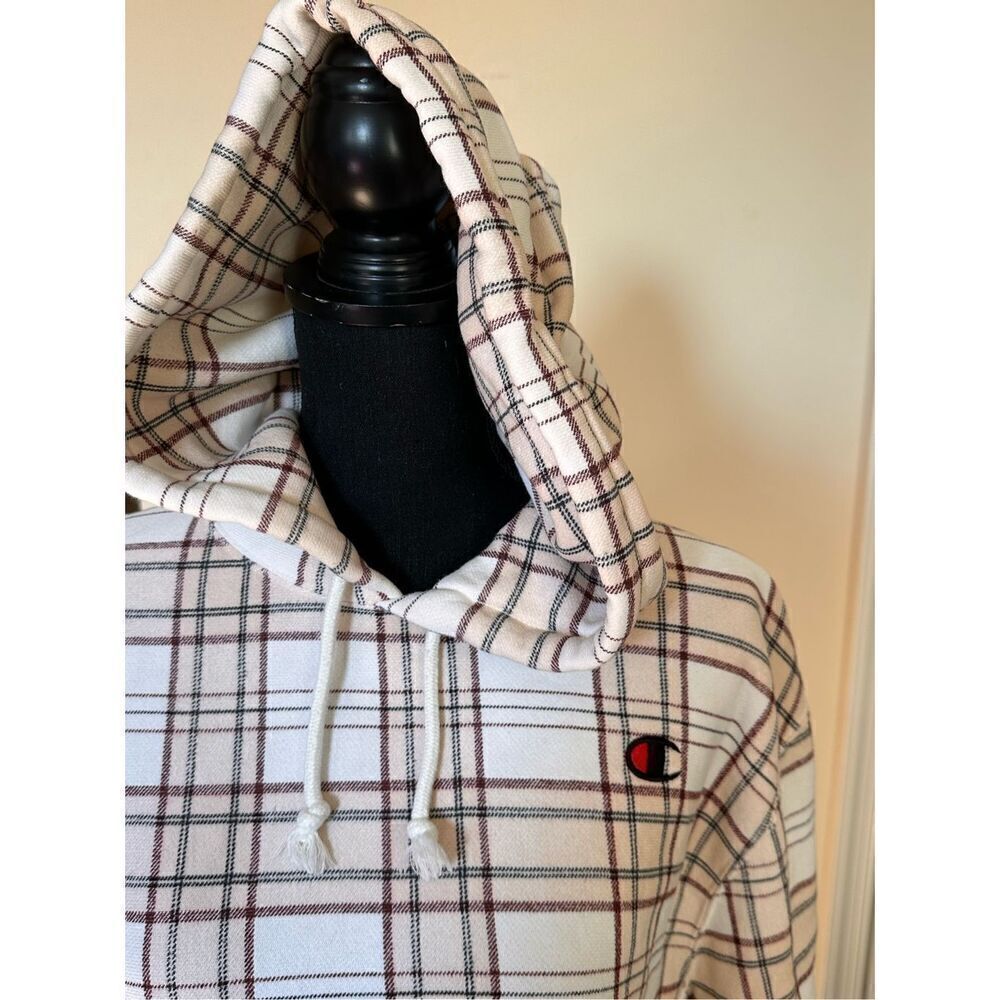 NWOT Champion Cream Plaid Cropped Sweatshirt Sz Small - Picture 5 of 6